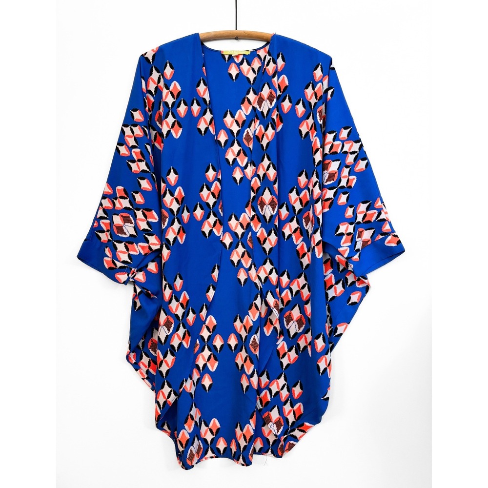 Gianni Bini Womens Geometric Ikat Open Front Kimono Cardigan Oversized M Blue - Picture 2 of 10